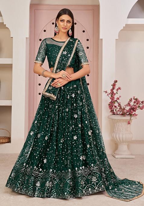 Green Embroidered Net Lehenga Set