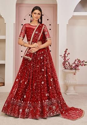 Red Embroidered Net Lehenga Set