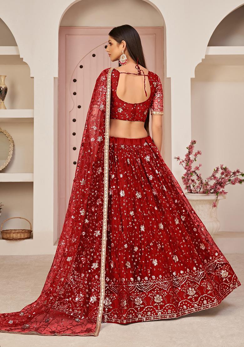 Red Embroidered Net Lehenga Set
