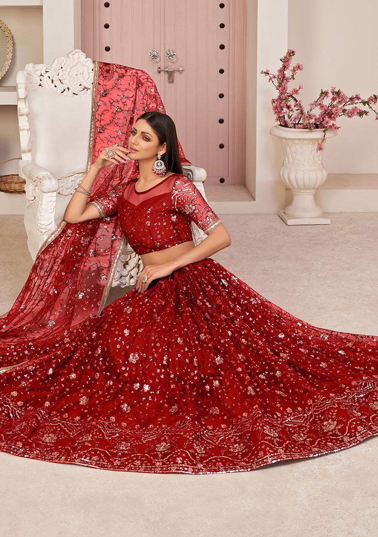 Red Embroidered Net Lehenga Set