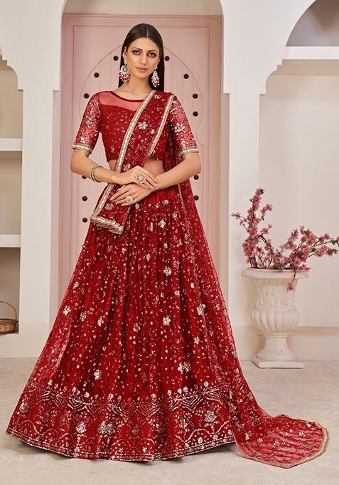 Red Embroidered Net Lehenga Set