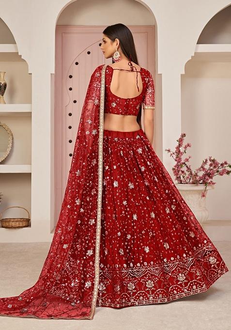 Red Embroidered Net Lehenga Set