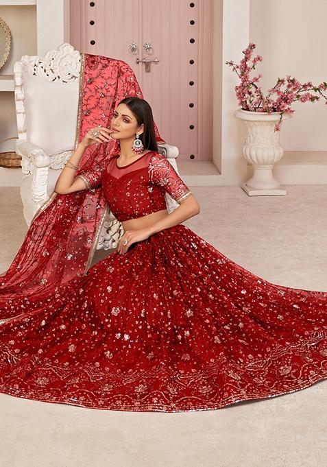 Red Embroidered Net Lehenga Set