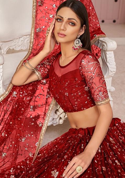 Red Embroidered Net Lehenga Set