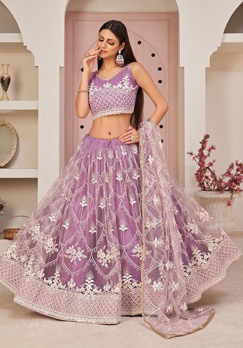 Lavender Embroidered Net Lehenga Set