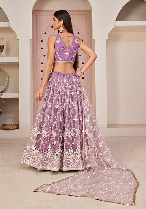 Lavender Embroidered Net Lehenga Set