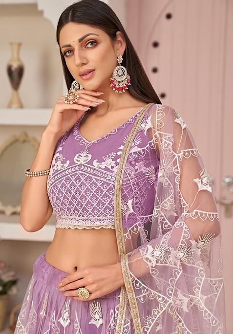 Lavender Embroidered Net Lehenga Set