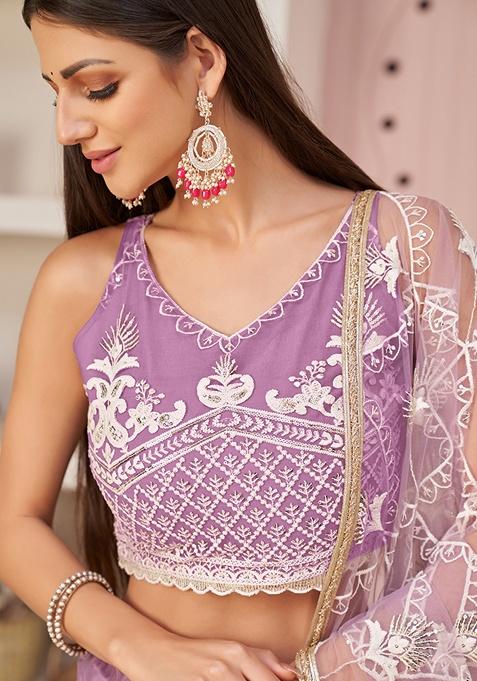 Lavender Embroidered Net Lehenga Set