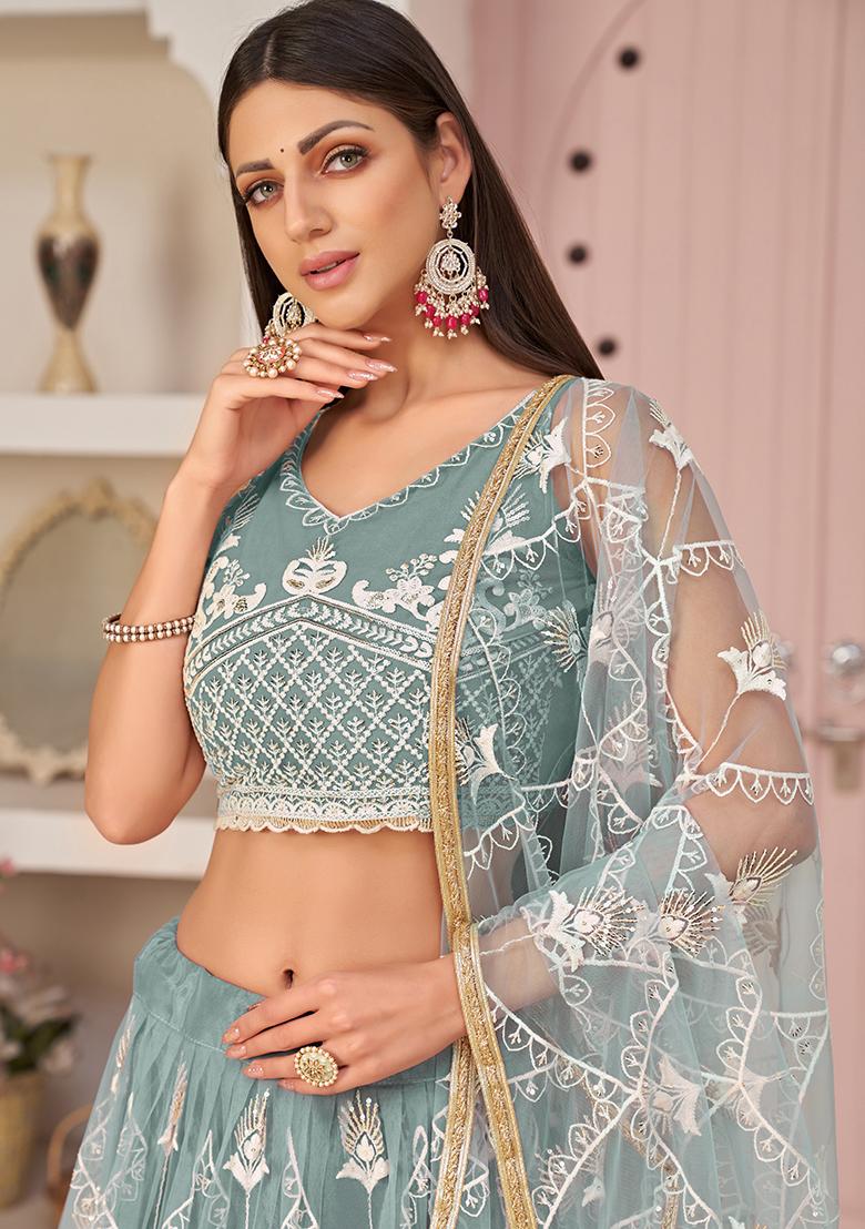 Ocean Blue Embroidered Net Lehenga Set - Indya