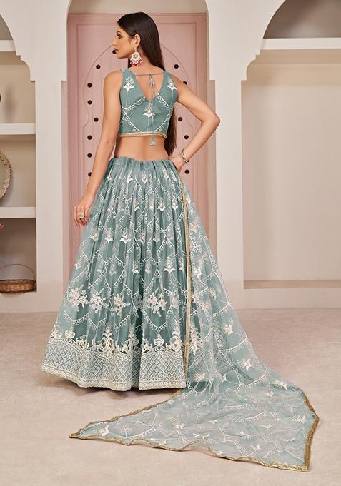 Ocean Blue Embroidered Net Lehenga Set