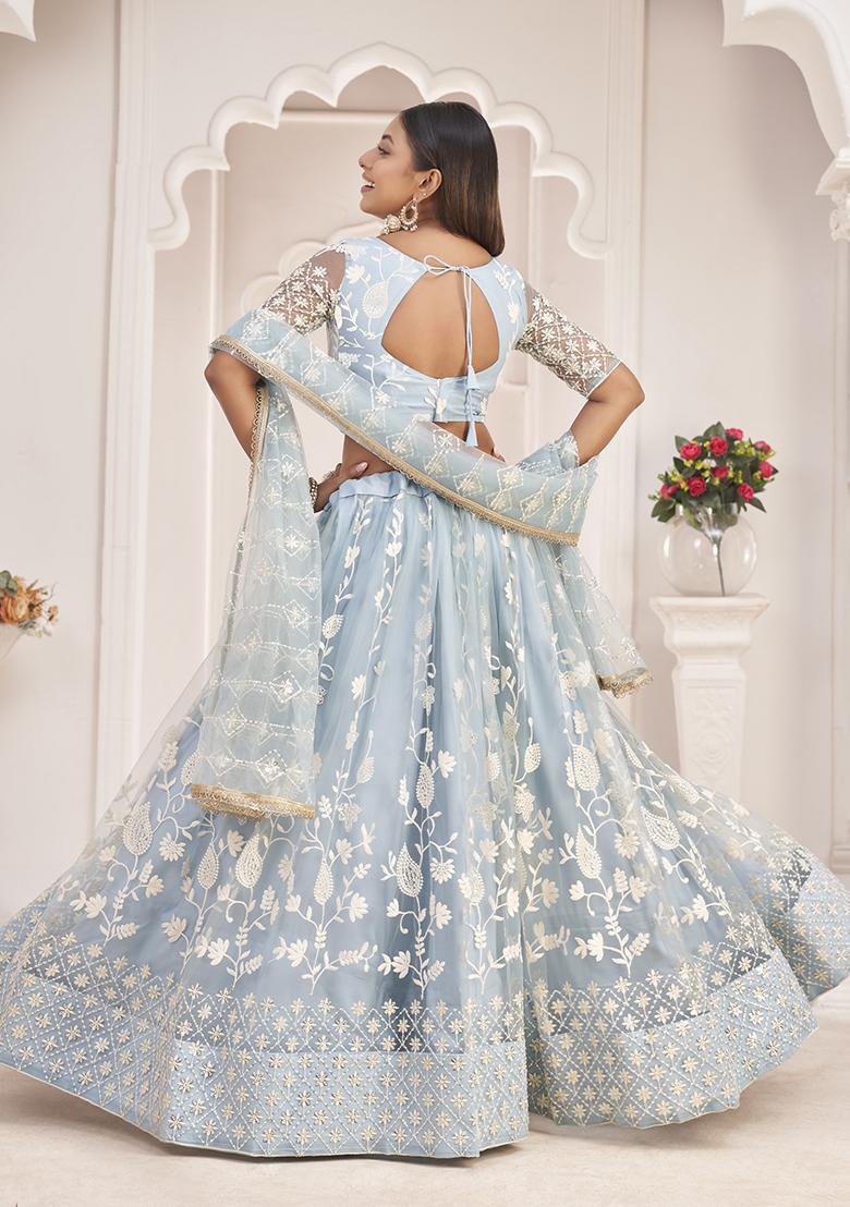 Blue Embroidered Net Lehenga Set - Indya