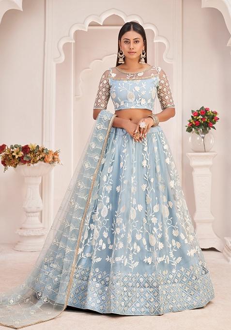 Blue Embroidered Net Lehenga Set