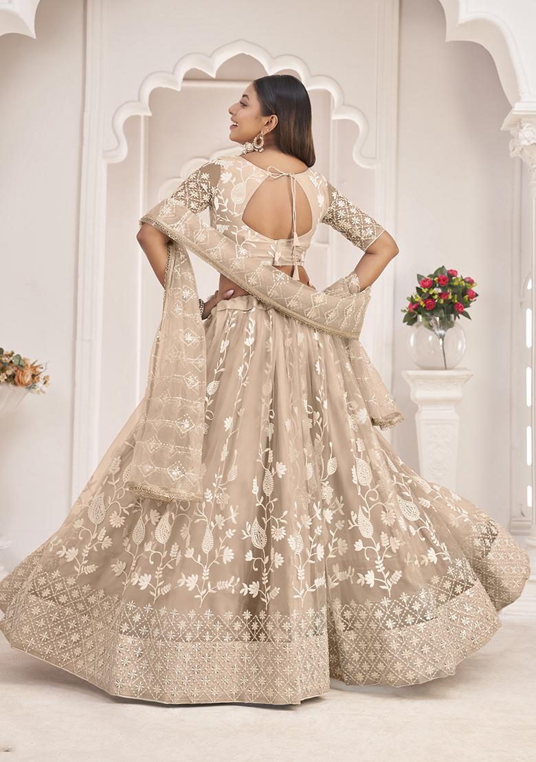 Dusty Chiku Brown Embroidered Net Lehenga Set - Indya