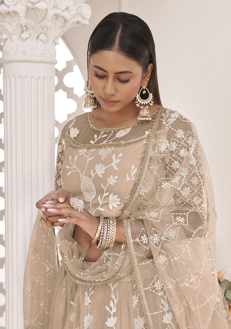 Dusty Chiku Brown Embroidered Net Lehenga Set - Indya