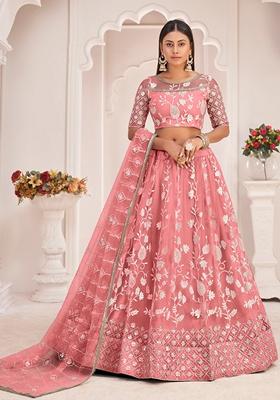 Peach Embroidered Net Lehenga Set