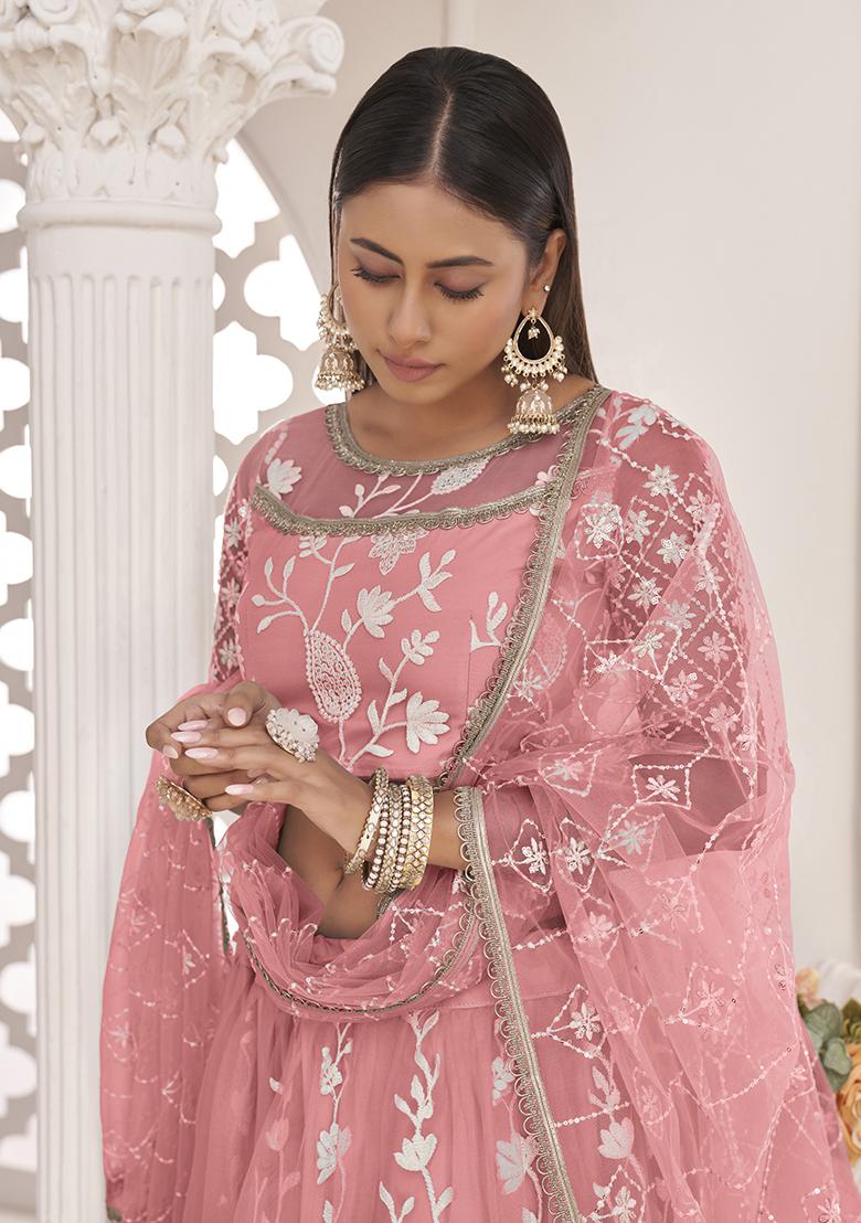 Peach Embroidered Net Lehenga Set - Indya