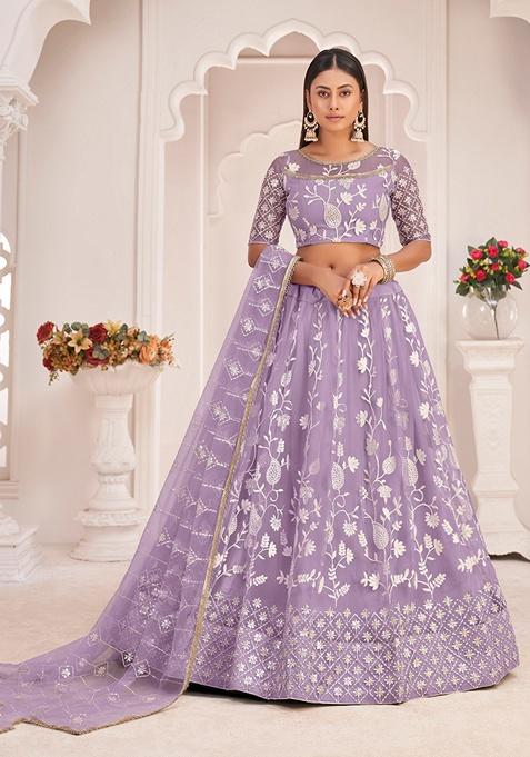 Light Purple Embroidered Net Lehenga Set