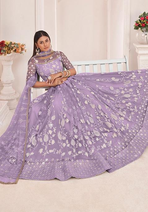 Light Purple Embroidered Net Lehenga Set