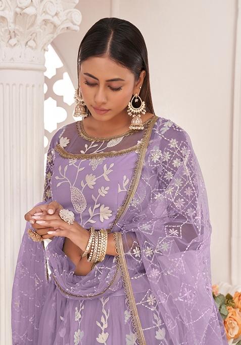 Light Purple Embroidered Net Lehenga Set