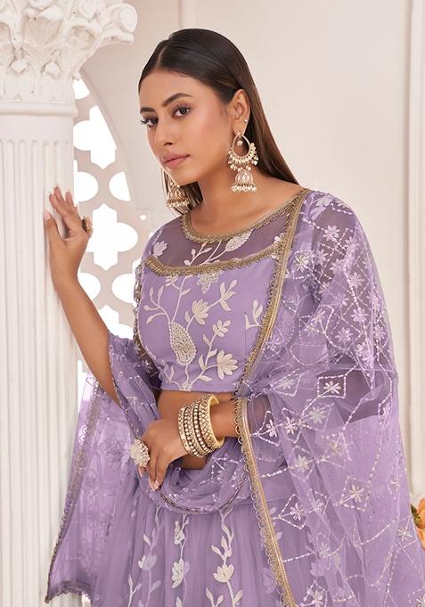 Light Purple Embroidered Net Lehenga Set