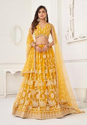 Yellow Embroidered Net Lehenga Set