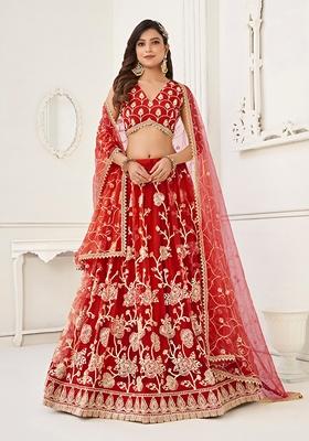 Red Embroidered Net Lehenga Set