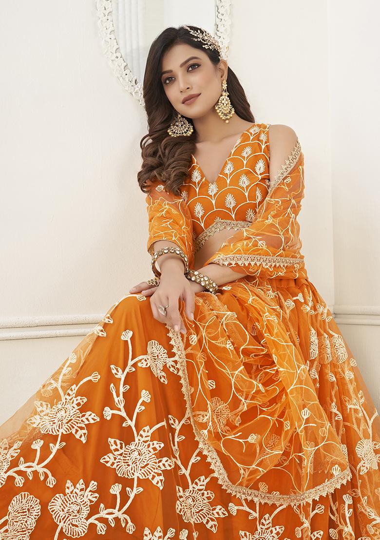 Orange Embroidered Net Lehenga Set - Indya
