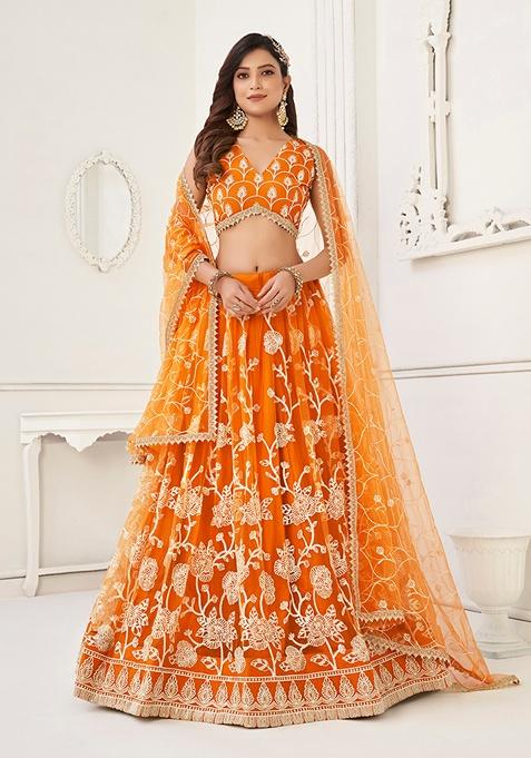 Orange Embroidered Net Lehenga Set