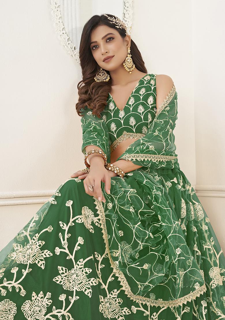 Green Embroidered Net Lehenga Set - Indya