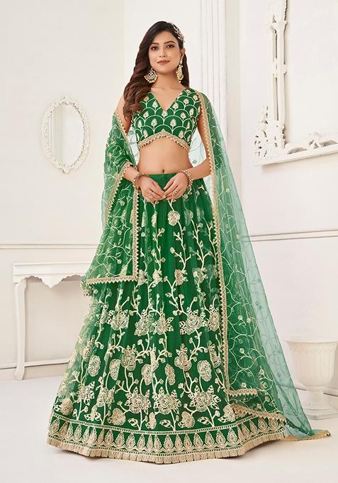 Green Embroidered Net Lehenga Set