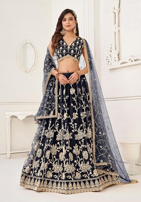 Black Embroidered Net Lehenga Set