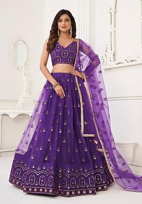 Purple Embroidered Net Lehenga Set