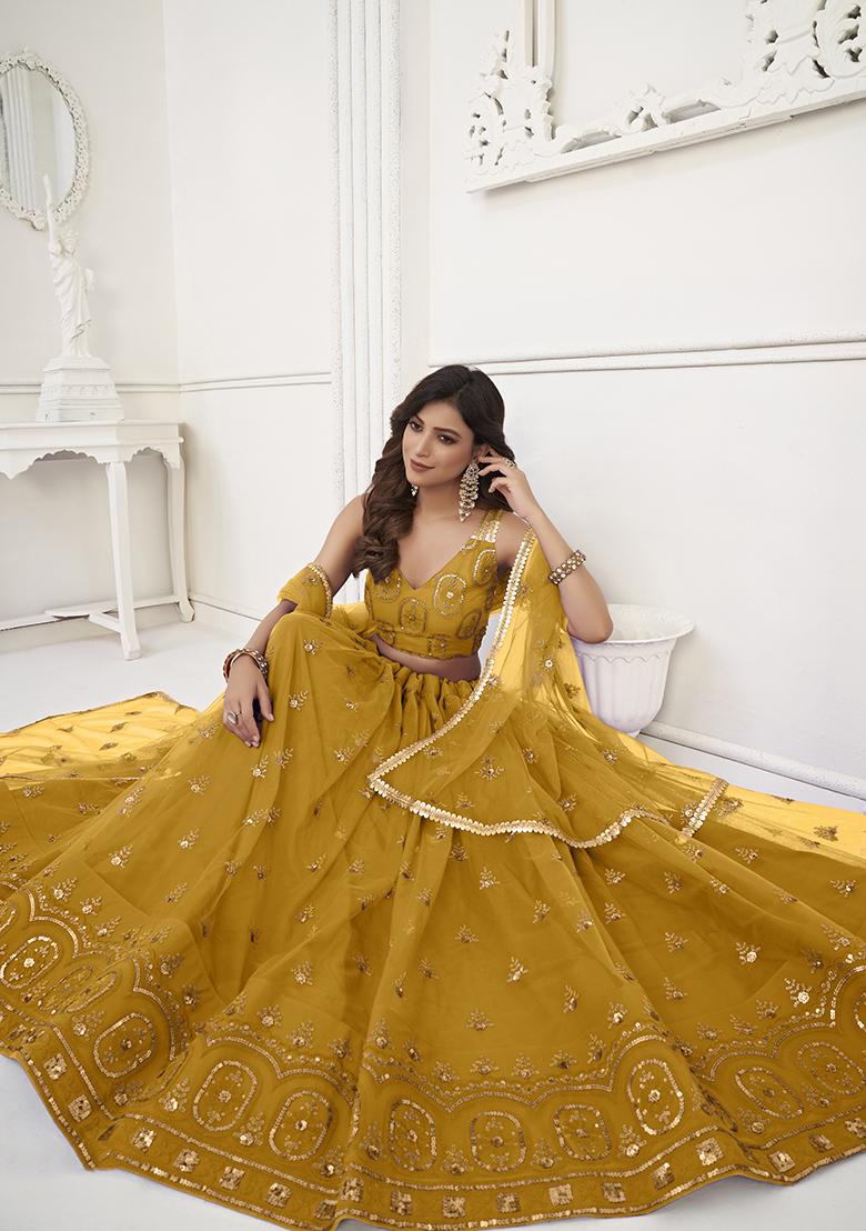 Mustard Embroidered Net Lehenga Set - Indya