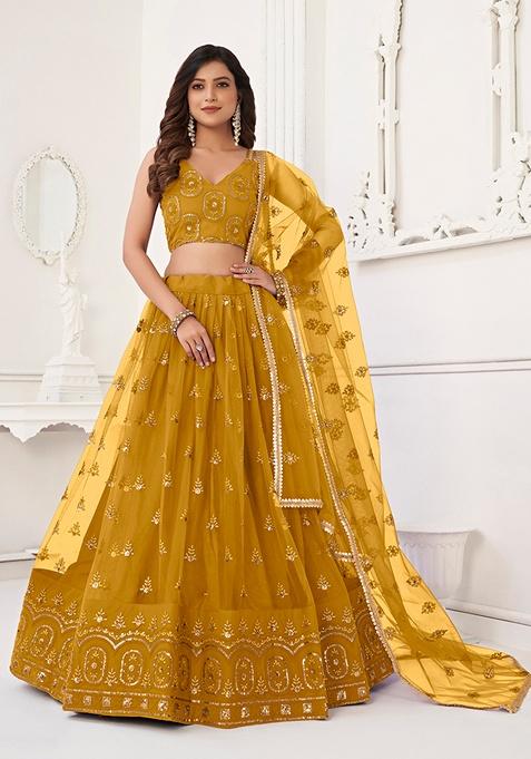 Mustard Embroidered Net Lehenga Set