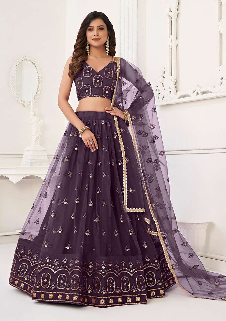 Wine Net Lehenga Set with Embroidered for Diwali | Wedding & Festive Wear - Indya