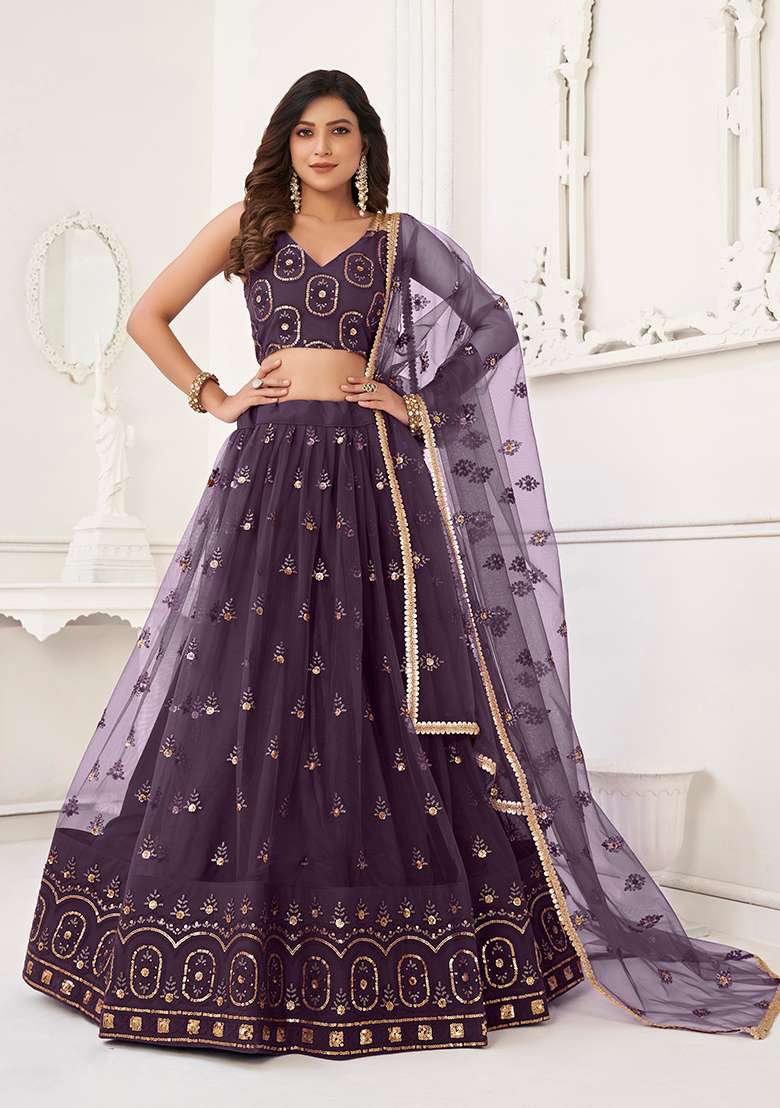 Wine Net Lehenga Set with Embroidered for Diwali | Wedding & Festive Wear - Indya