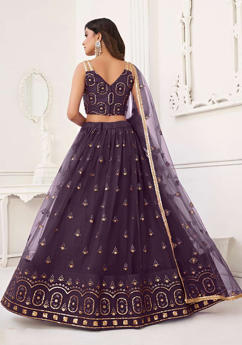 Wine Net Lehenga Set with Embroidered for Diwali | Wedding & Festive Wear - Indya