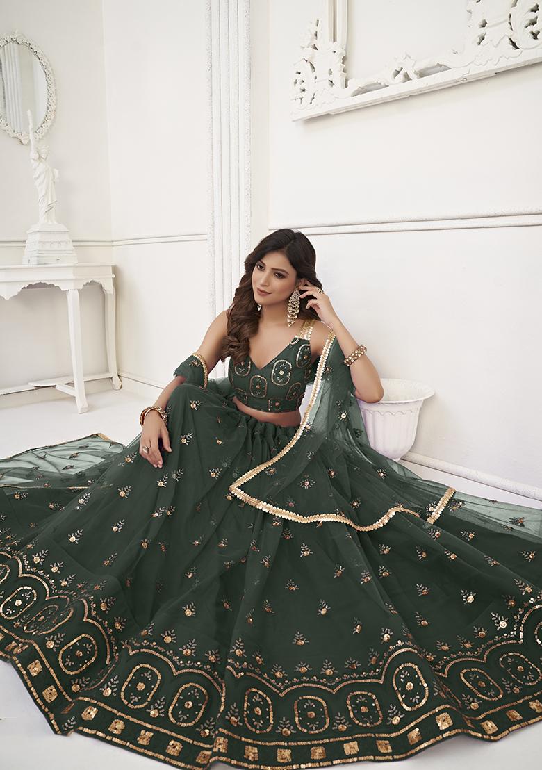 Green Embroidered Net Lehenga Set - Indya