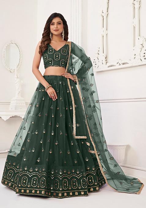 Green Embroidered Net Lehenga Set