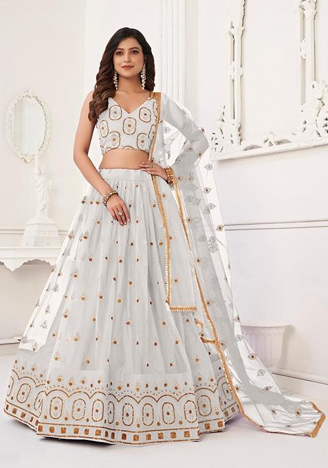 White Embroidered Net Lehenga Set