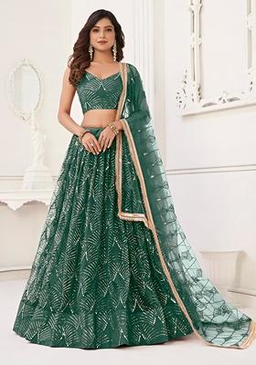 Bottle Green Embroidered Net Lehenga Set