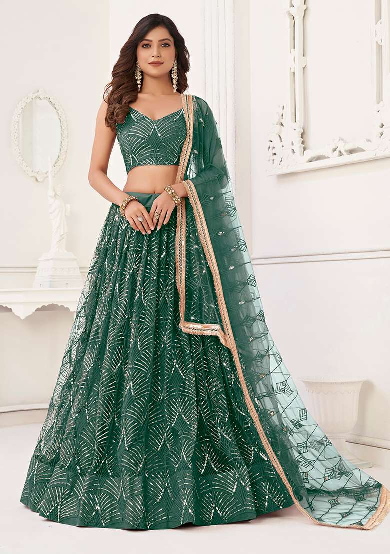 Bottle Green Embroidered Net Lehenga Set for Diwali and Festive Wear - Indya