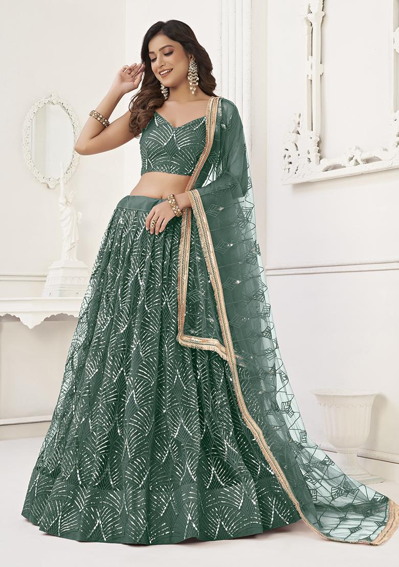 Bottle Green Embroidered Net Lehenga Set - Indya