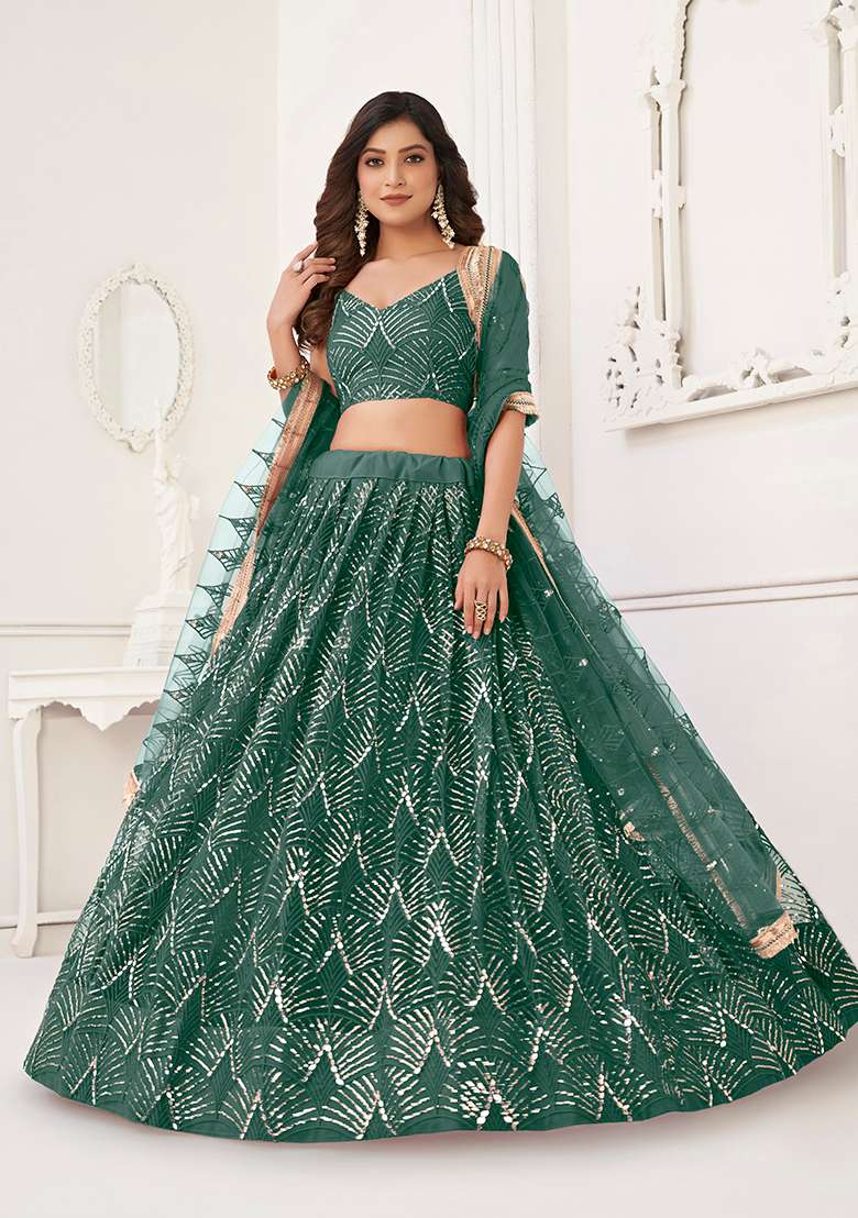 Bottle Green Embroidered Net Lehenga Set for Diwali and Festive Wear - Indya