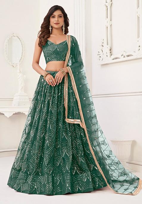 Bottle Green Embroidered Net Lehenga Set