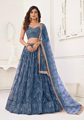 Turquoise Embroidered Net Lehenga Set