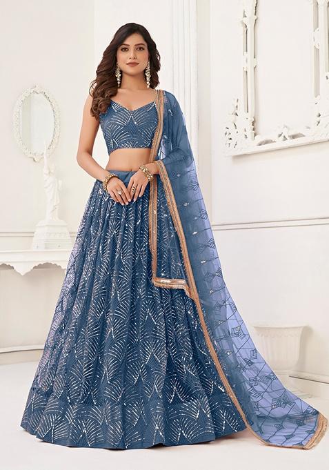 Turquoise Embroidered Net Lehenga Set
