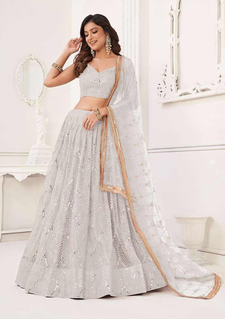 White Net Lehenga Set with Embroidered for Diwali | Wedding & Festive Wear - Indya