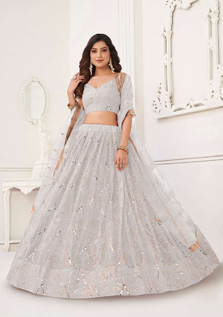 White Net Lehenga Set with Embroidered for Diwali | Wedding & Festive Wear - Indya
