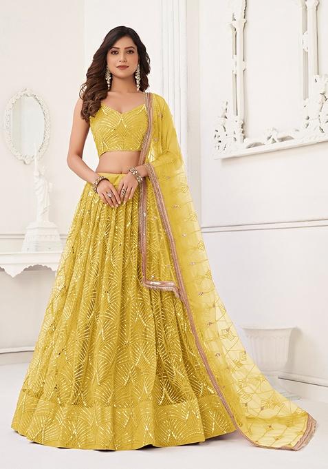 Yellow Embroidered Net Lehenga Set